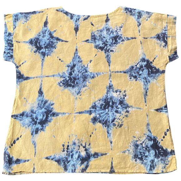 Bellambia Italy Linen Boxy Top Size L Blouse Cap Sleeve Yellow Blue Tie Dye - Picture 6 of 10